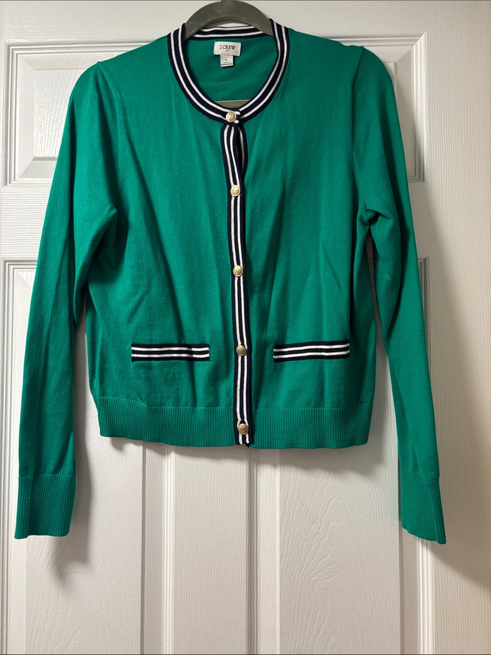 J. Crew Women’s Emerald Green Cardigan with Navy & White Stripe Trim